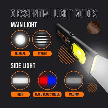 Compact Almighty Tools flashlight with six essential light modes, main and side lights shown.