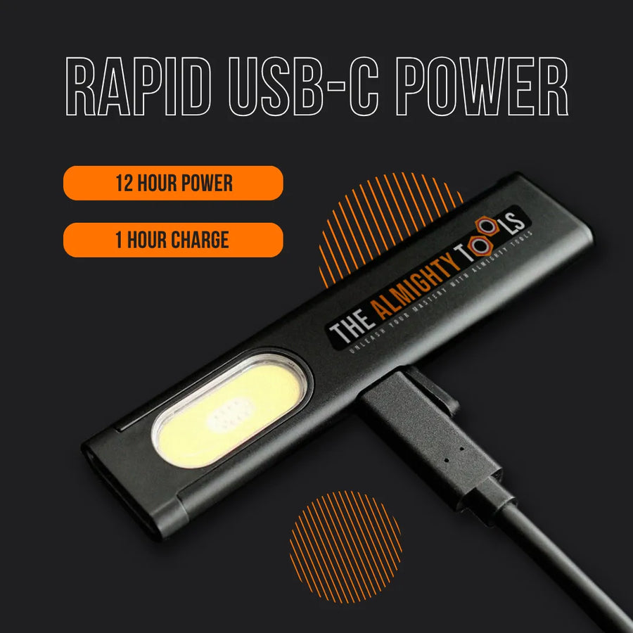 Almighty Flashlight Mini with USB-C charging, 12 hour battery, black and orange design