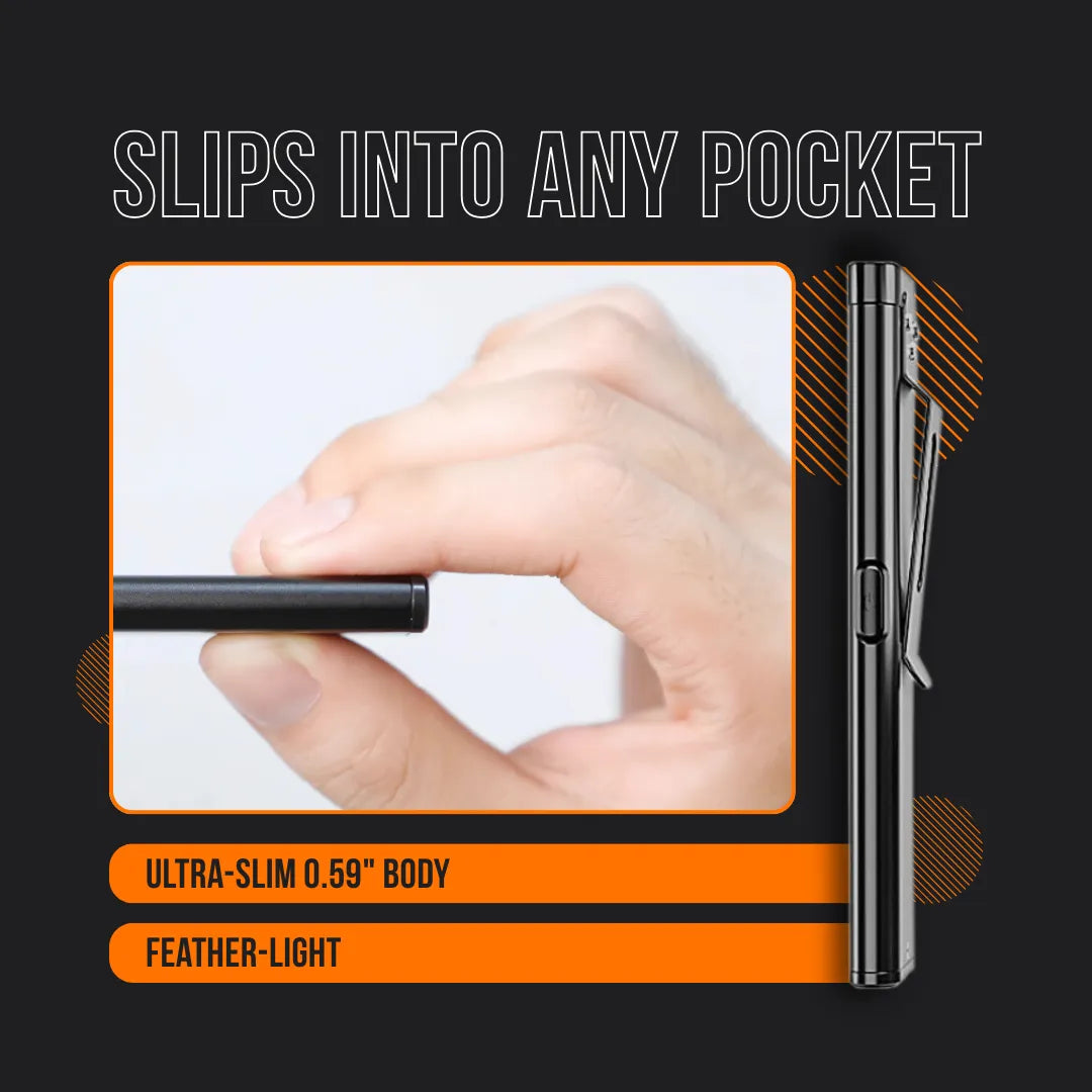 Hand holding slim mini flashlight with pocket clip, ultra-slim 0.59-inch body, feather-light
