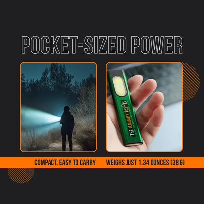 Compact green Almighty Flashlight Mini in hand and used outdoors at night, pocket-sized power.