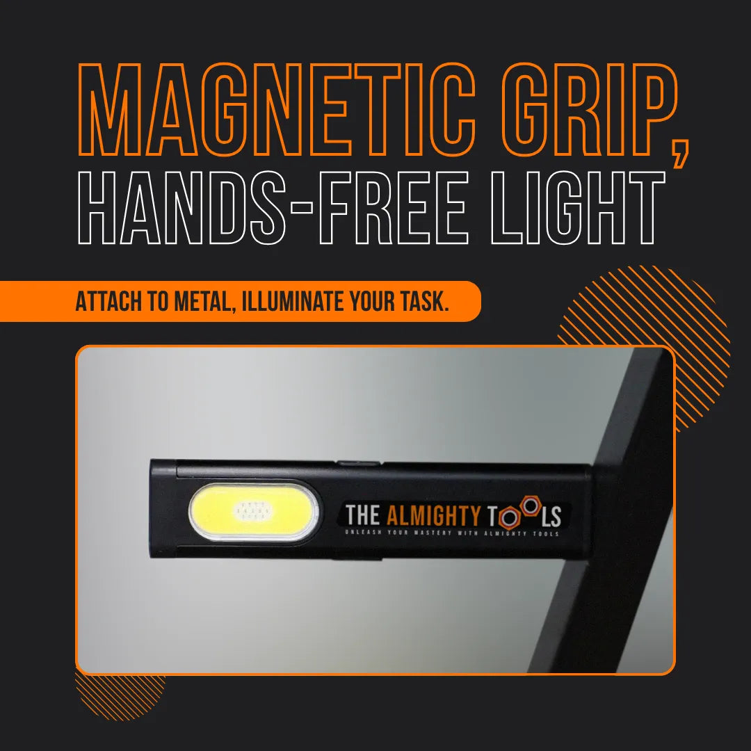 Mini magnetic grip flashlight by The Almighty Tools attached to metal for hands-free lighting