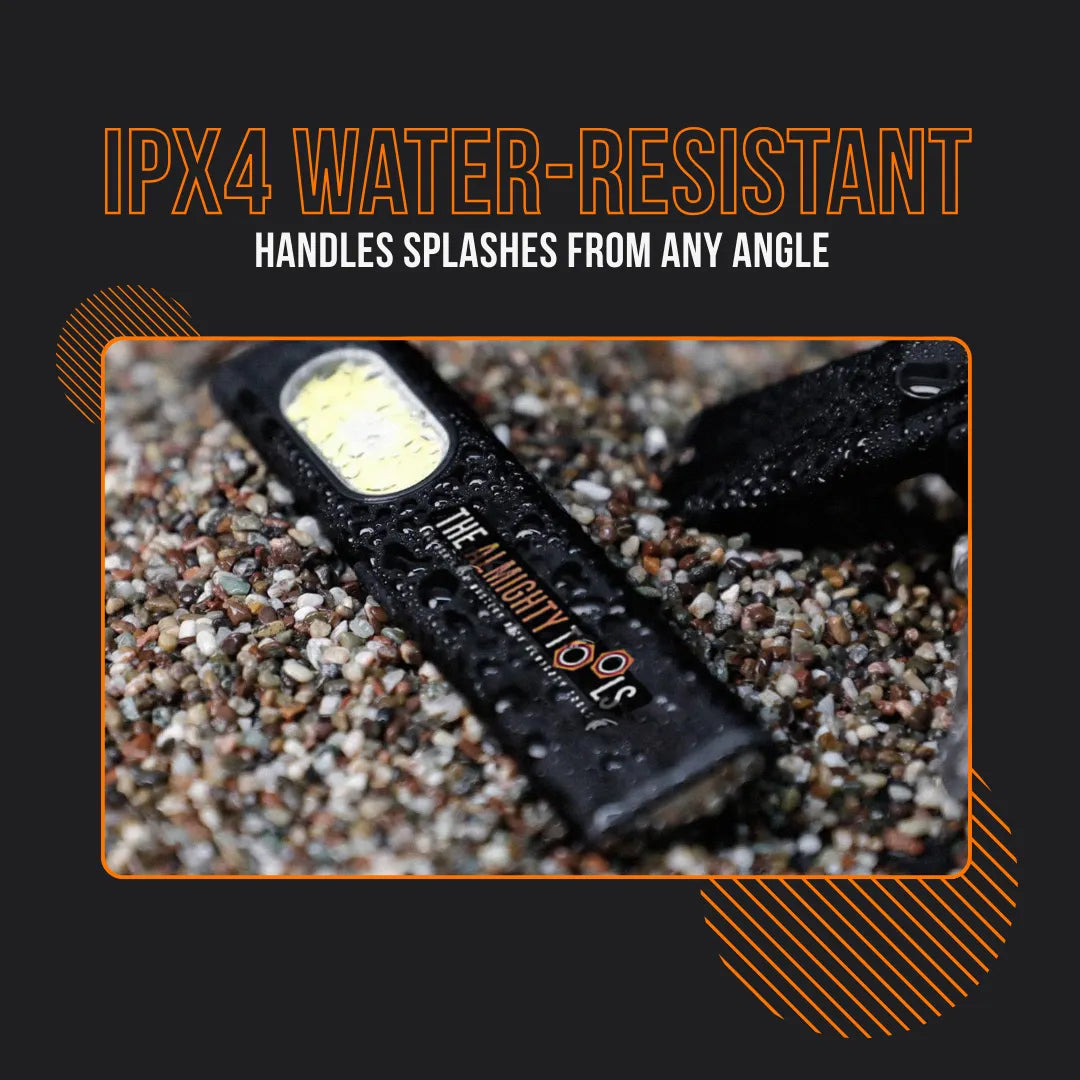 The Almighty Flashlight Mini IPX4 water-resistant on wet pebbles, splashproof tool