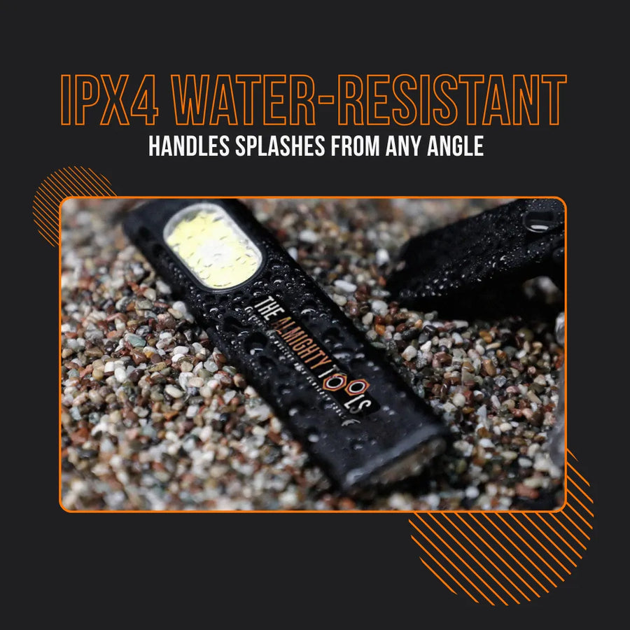 The Almighty Flashlight Mini IPX4 water-resistant on wet pebbles, splashproof tool