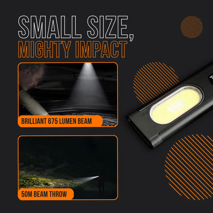 Compact LED flashlight with 675 lumen beam and 50m throw, black background, product features