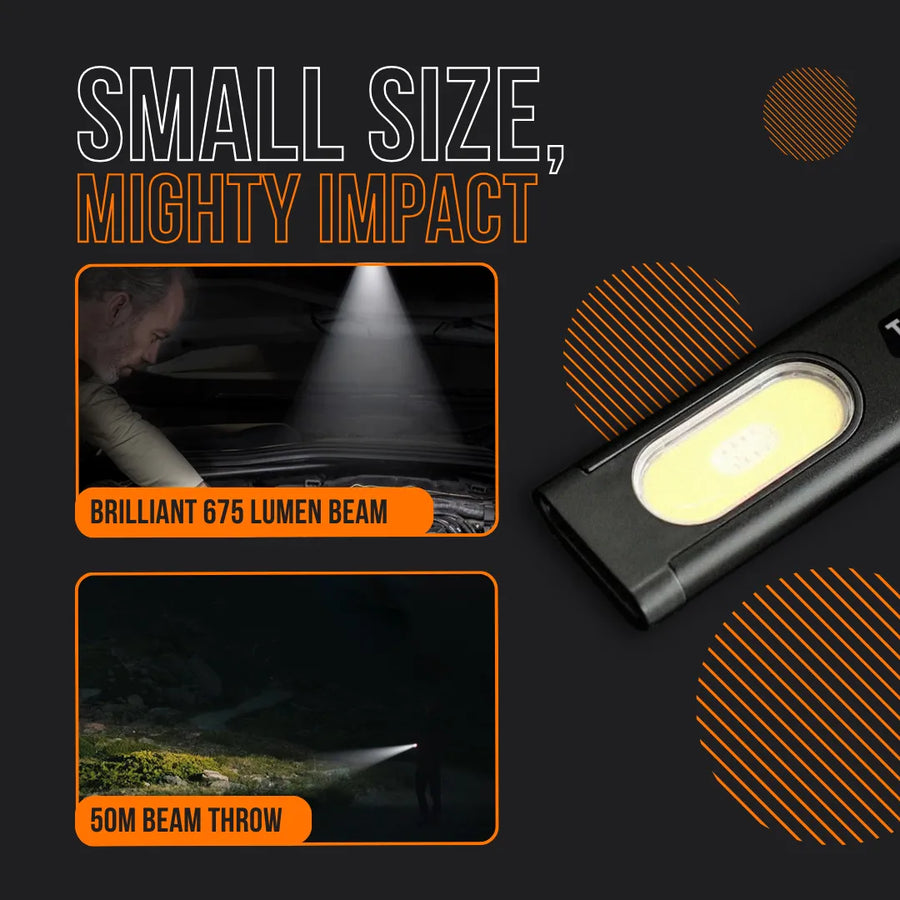 Compact LED flashlight with 675 lumen beam and 50m throw, black background, product features