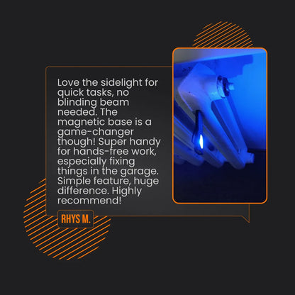 Mini flashlight with magnetic base attached to metal pipes, blue sidelight glowing, garage setting
