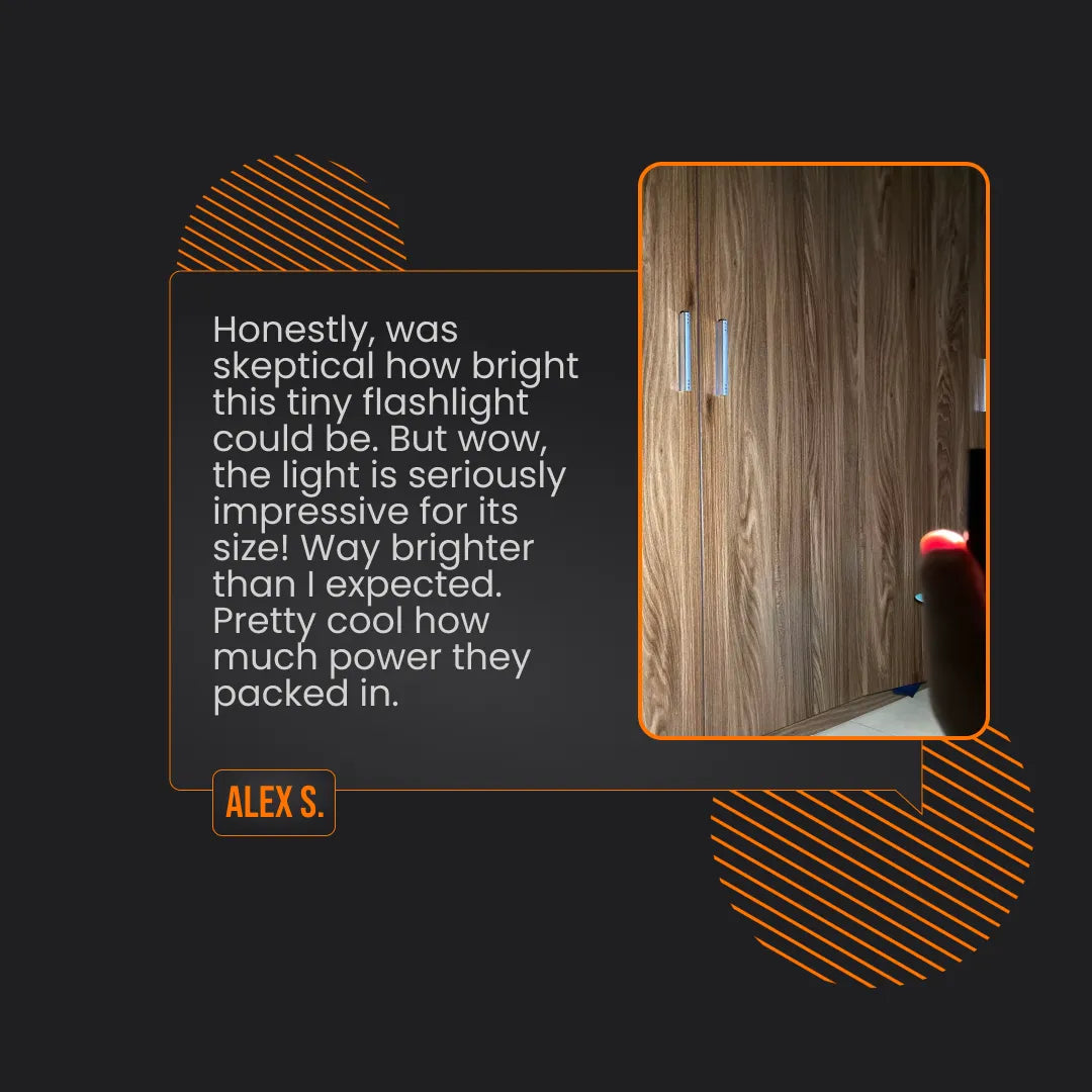 Bright mini flashlight illuminating wooden closet door, customer review and testimonial.