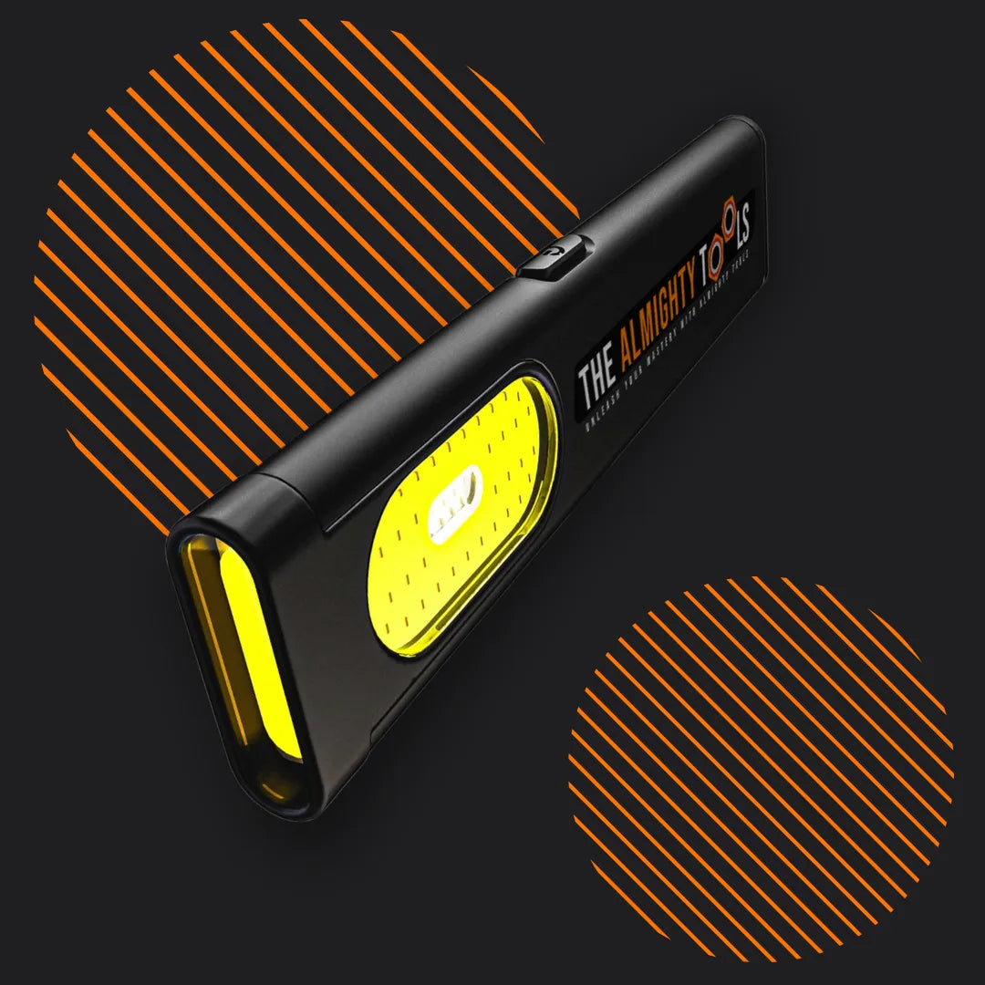 Black mini LED flashlight with yellow light, modern design, on dark background with orange lines.