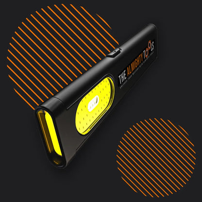 Black mini LED flashlight with yellow light, modern design, on dark background with orange lines.