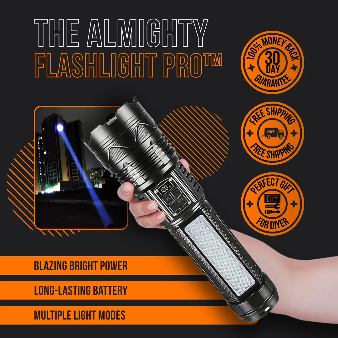 Hand holding Almighty Flashlight Pro with bright beam, long battery, light modes, promo badges