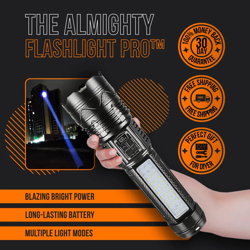Hand holding Almighty Flashlight Pro with bright beam, long battery, light modes, promo badges