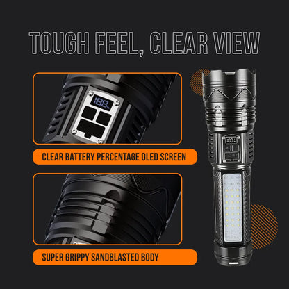 Black flashlight with OLED battery screen and grippy sandblasted body on dark background