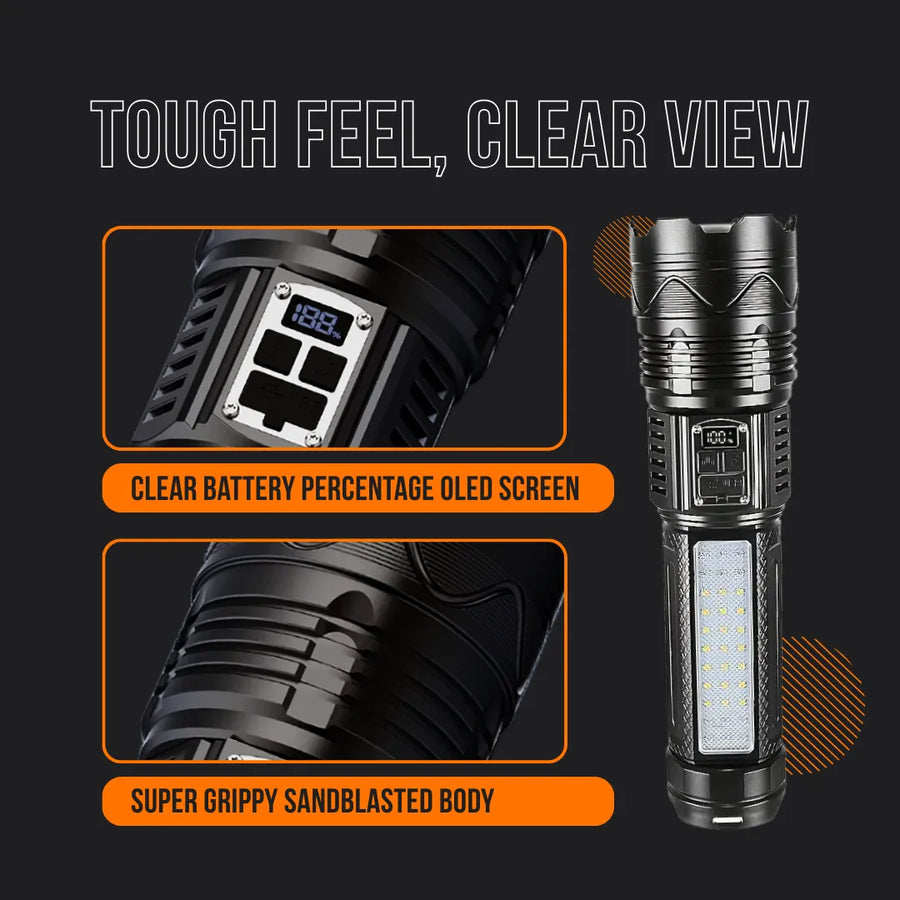 Black flashlight with OLED battery screen and grippy sandblasted body on dark background