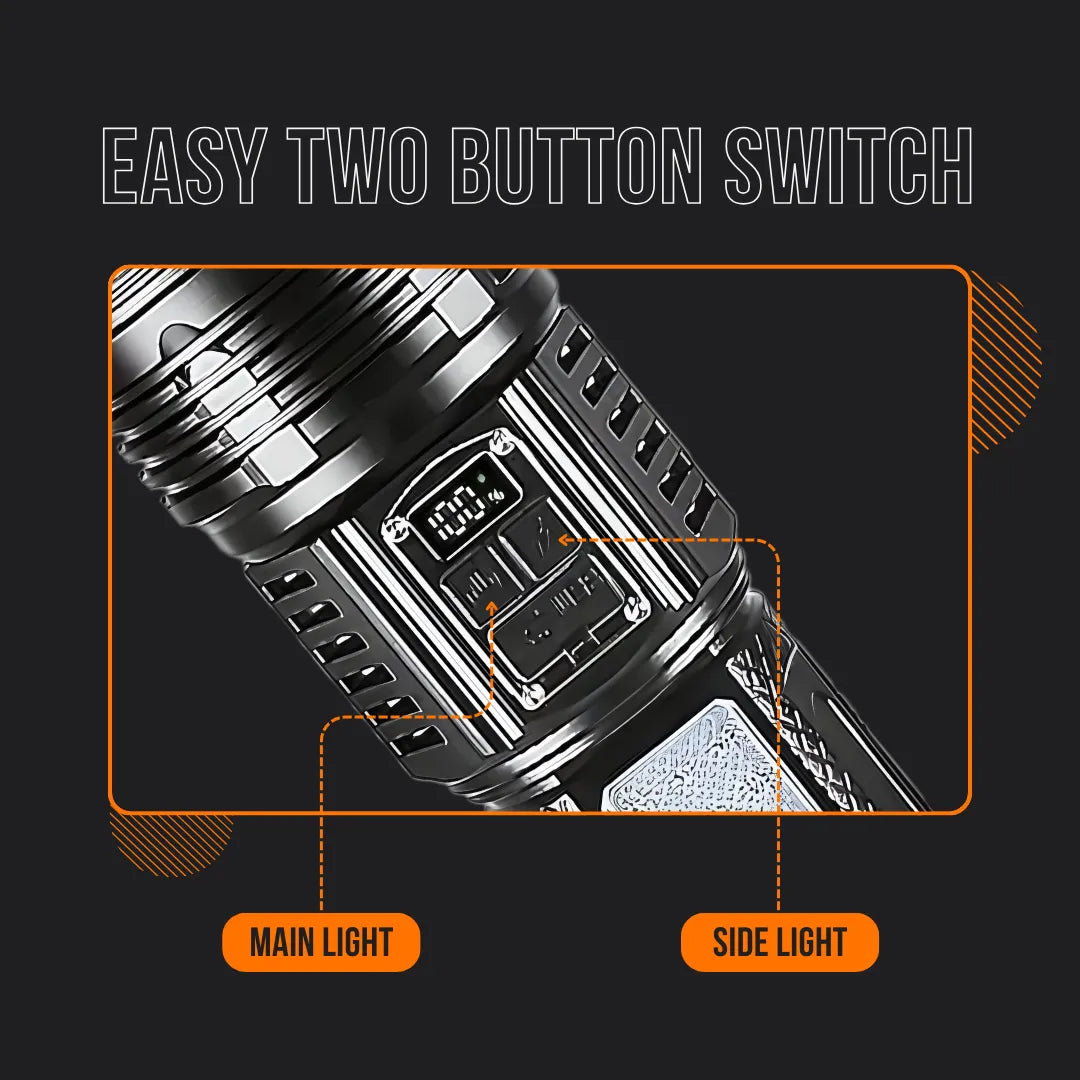 Close-up of Almighty Flashlight Pro showing easy two button switch for main and side lights