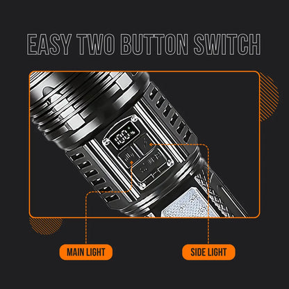 Close-up of Almighty Flashlight Pro showing easy two button switch for main and side lights