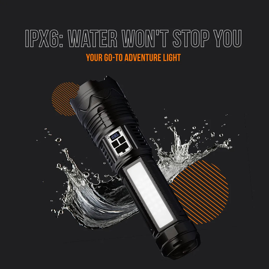 Waterproof black LED flashlight with digital display splashing through water, adventure gear