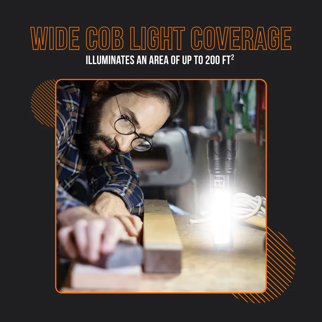 Man woodworking in workshop illuminated by bright COB flashlight on workbench