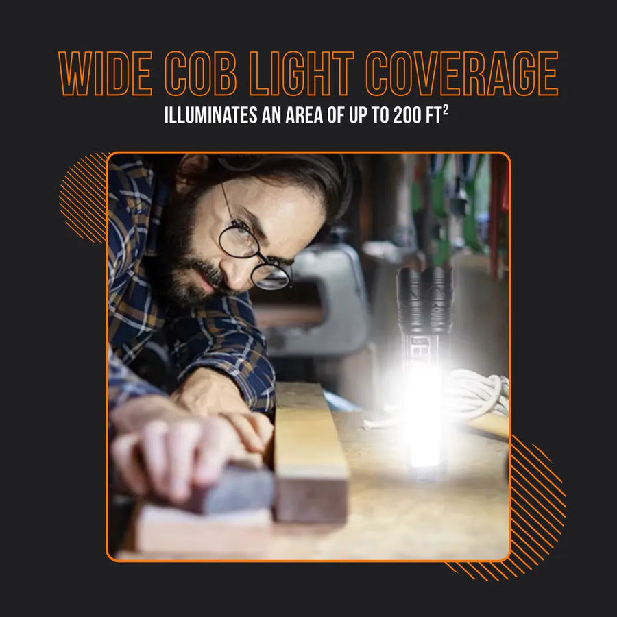 Man woodworking in workshop illuminated by bright COB flashlight on workbench