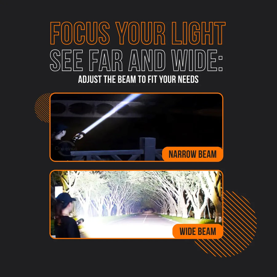 Person demonstrating flashlight with adjustable narrow and wide beams outdoors at night