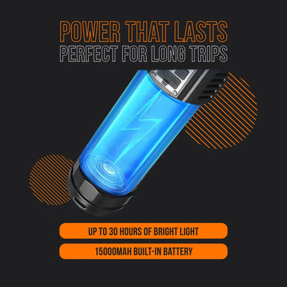Powerful blue flashlight with 15000mAh battery, long-lasting LED, ideal for trips