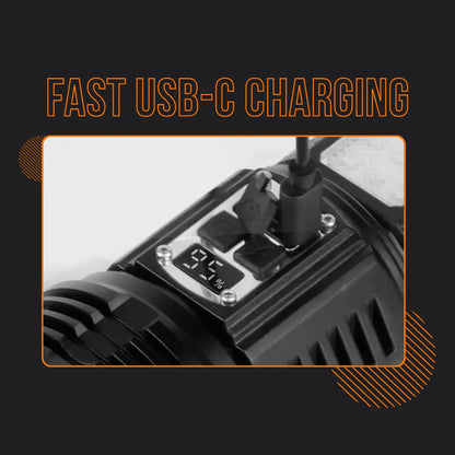 Flashlight Pro with USB-C charging port and battery display, fast charging feature shown
