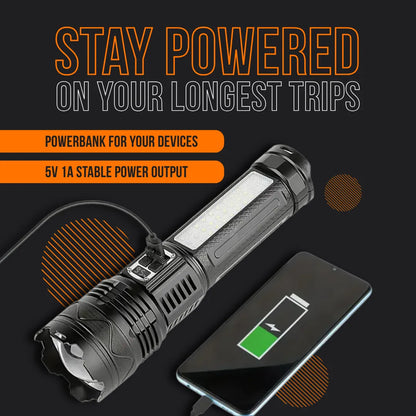 Rechargeable flashlight used as power bank to charge smartphone, STAY POWERED text overlay