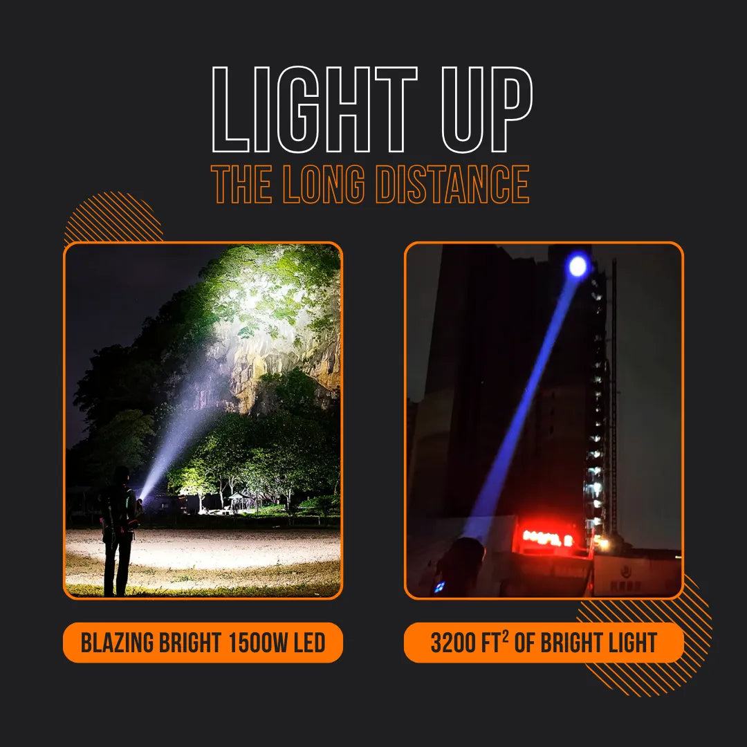 Powerful LED flashlight beam lighting up trees and a tall building at night