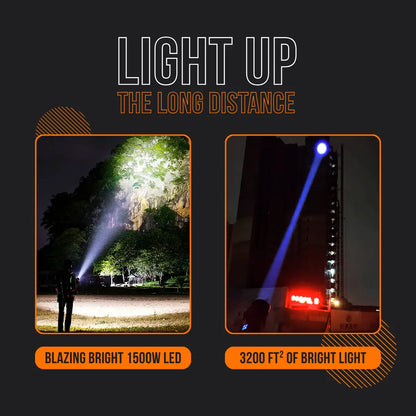 Powerful LED flashlight beam lighting up trees and a tall building at night