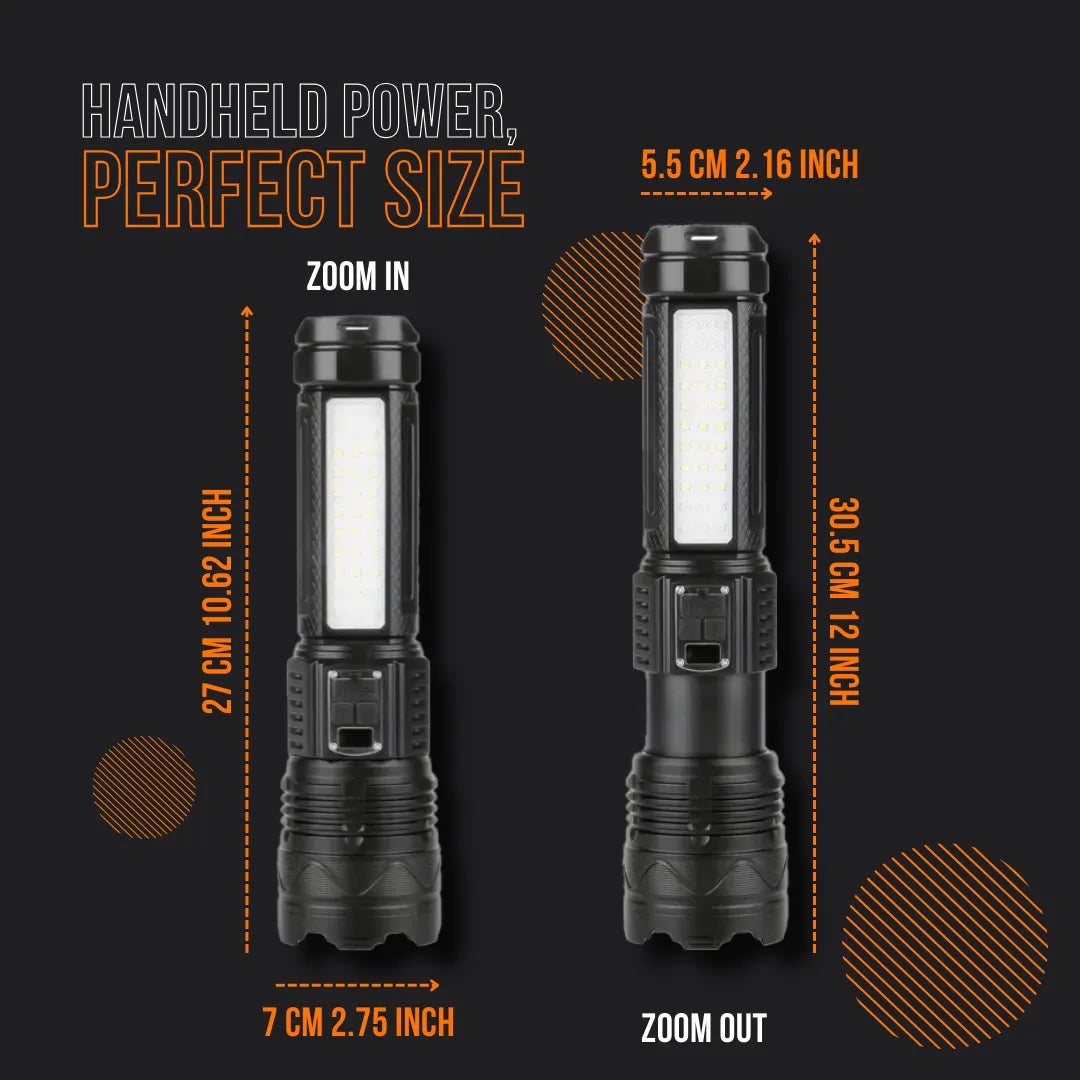 Black flashlight with LED panel shown zoomed in and out, size measurements in cm and inches.