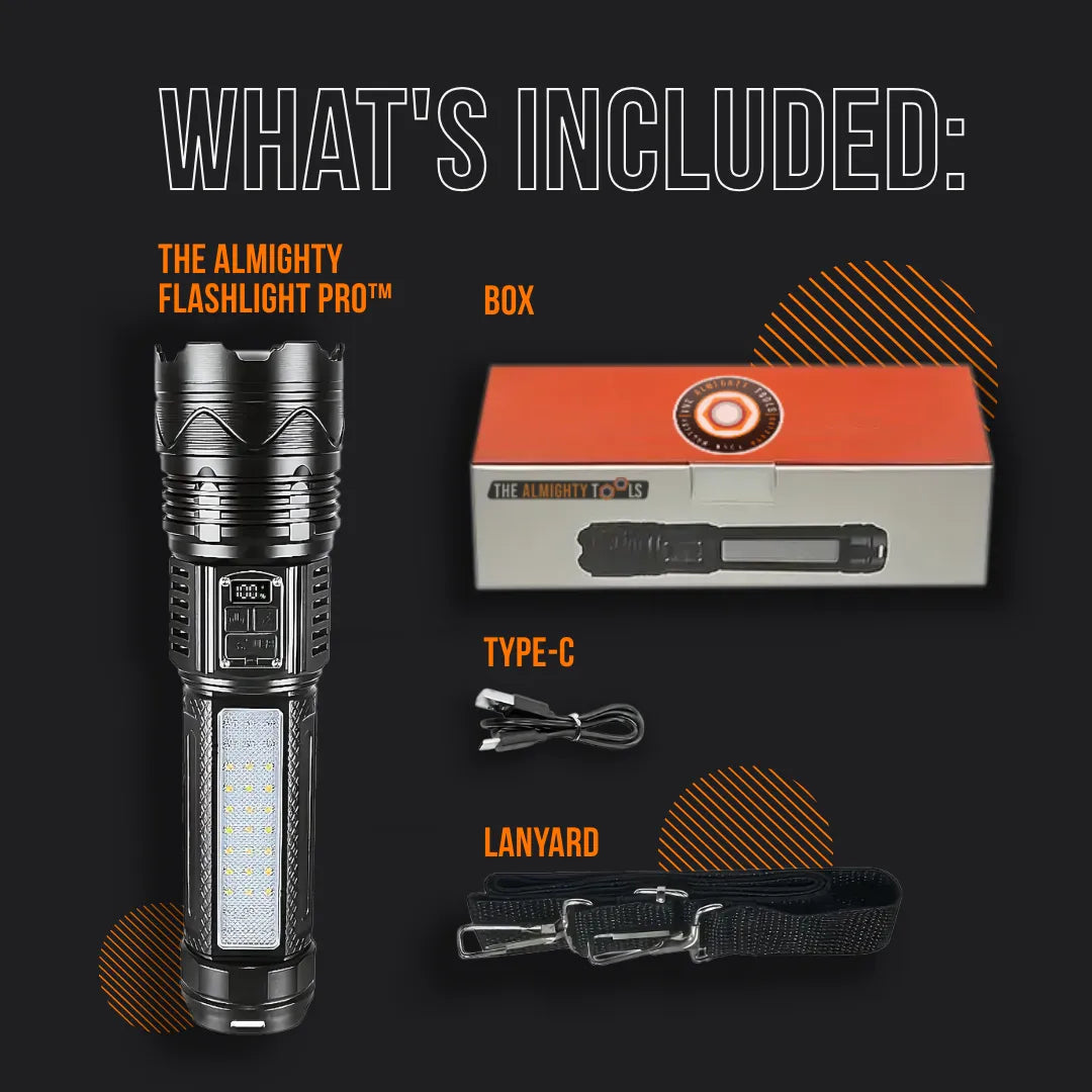 The Almighty Flashlight Pro kit with flashlight, box, USB Type-C cable, and lanyard on black background.