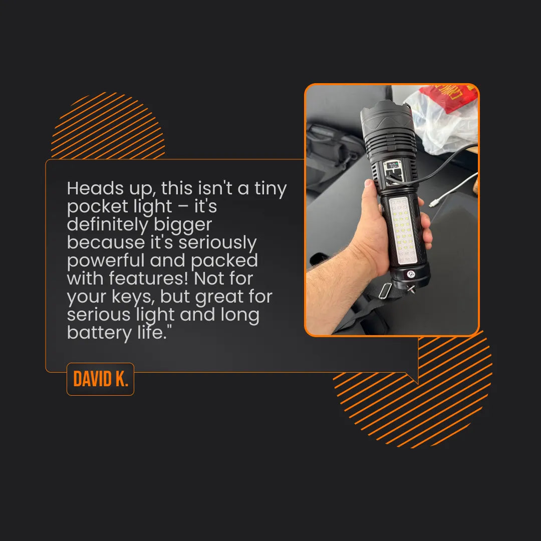 Hand holding The Almighty Flashlight Pro with LED display, review quote on dark background.