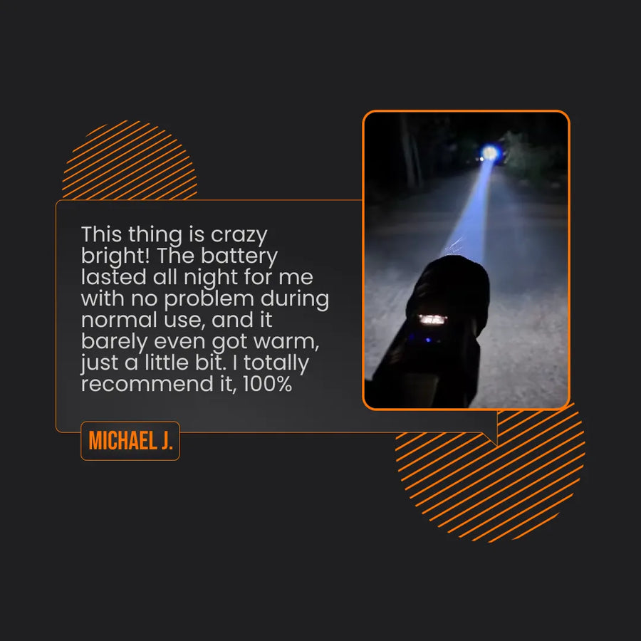 Hand holding powerful flashlight in dark, bright beam lighting outdoor path, testimonial overlay