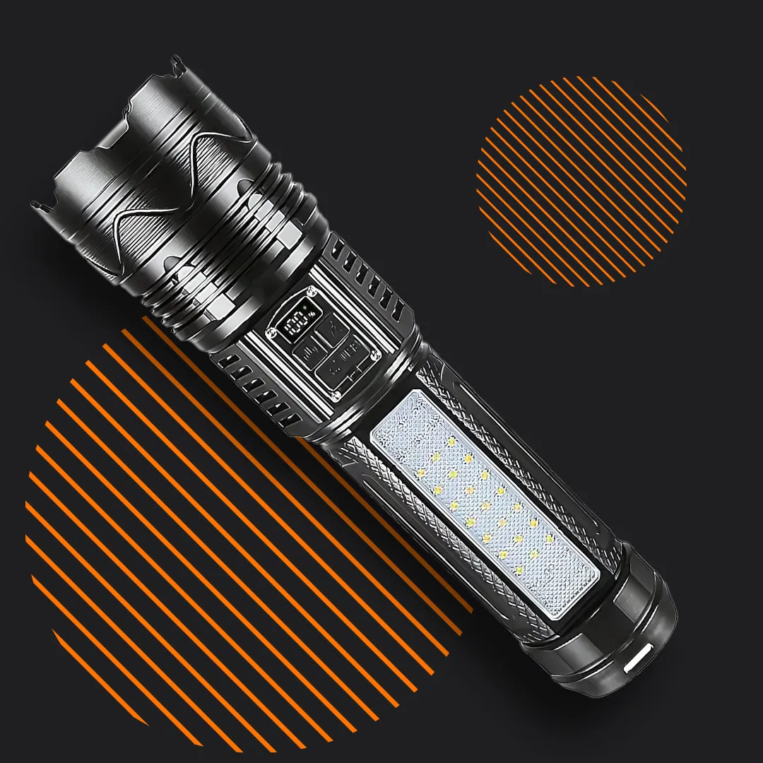 Heavy-duty black LED flashlight with digital display on dark background, orange graphic accents