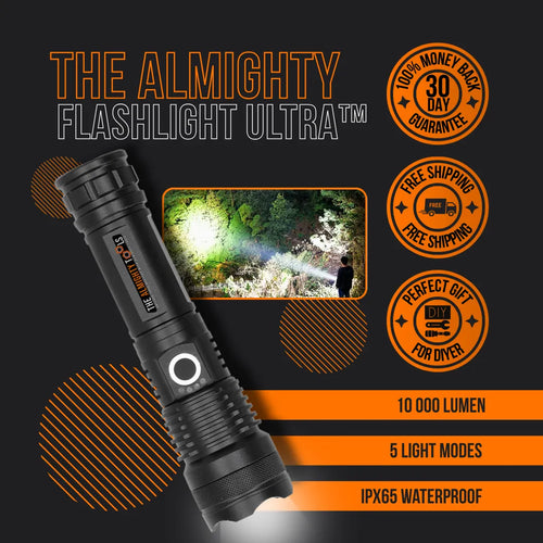 The Almighty Flashlight Ultra, black tactical flashlight with 10,000 lumen, IPX65 waterproof