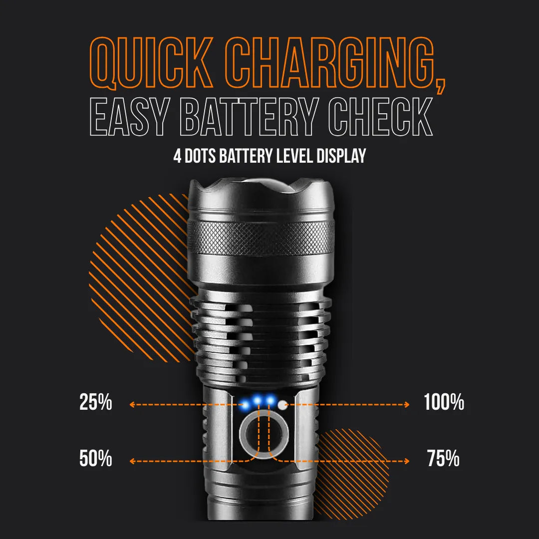 Black flashlight with four-dot battery level display, quick charging feature, and battery check guide.