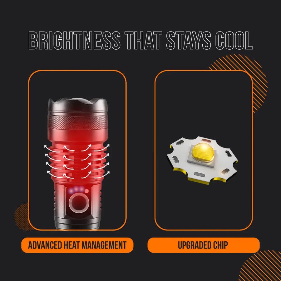 Flashlight with advanced heat management and upgraded chip, labeled as brightness that stays cool