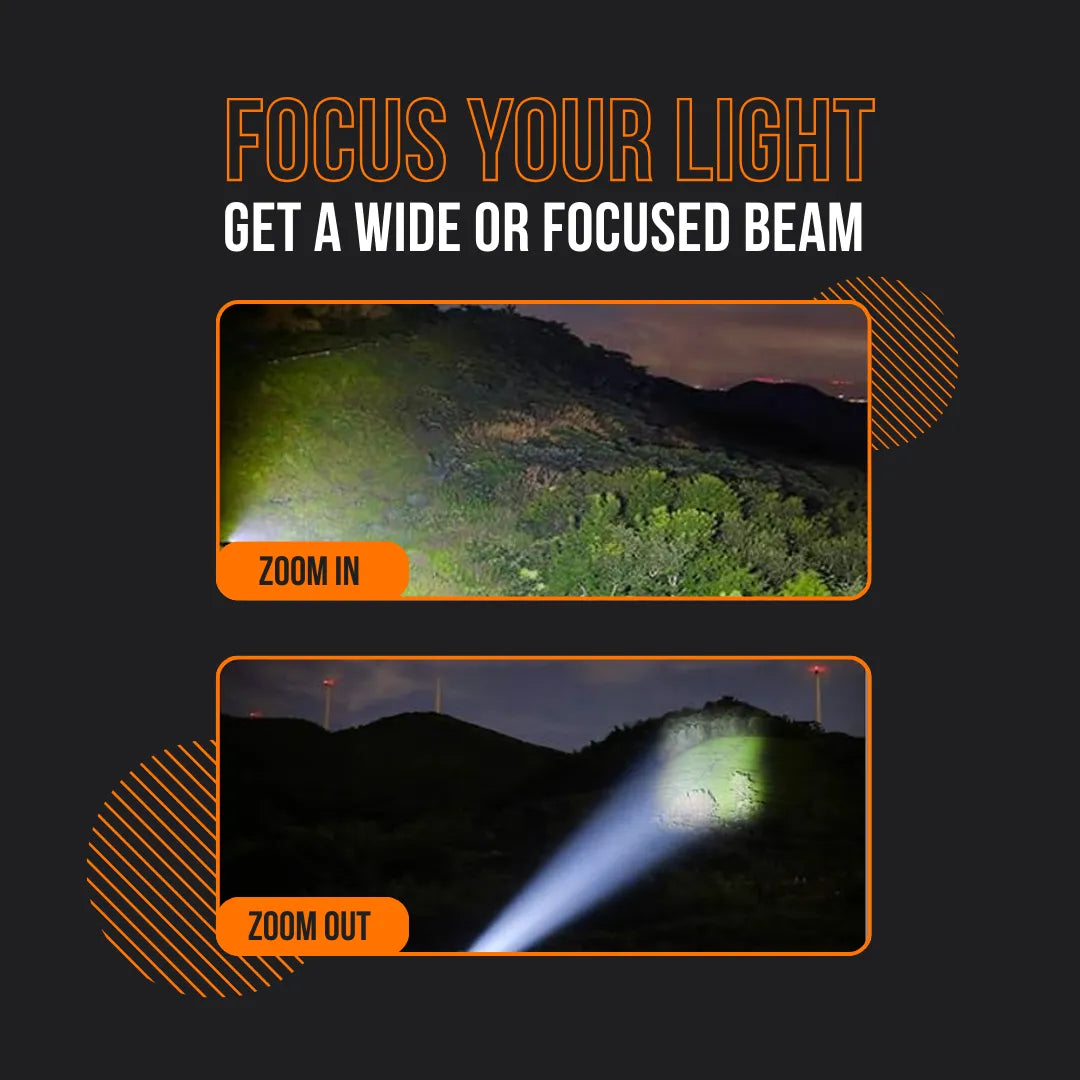 Flashlight beam showing wide and focused light on a dark mountain landscape, zoom in and zoom out comparison.