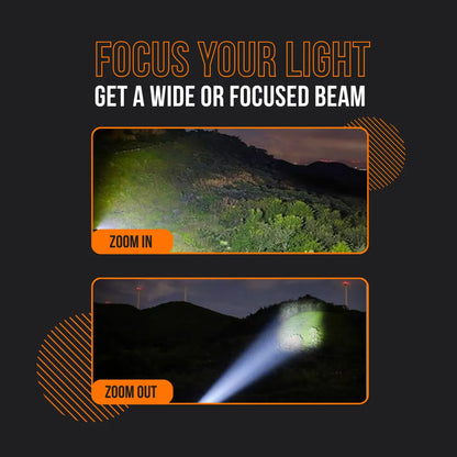 Flashlight beam showing wide and focused light on a dark mountain landscape, zoom in and zoom out comparison.