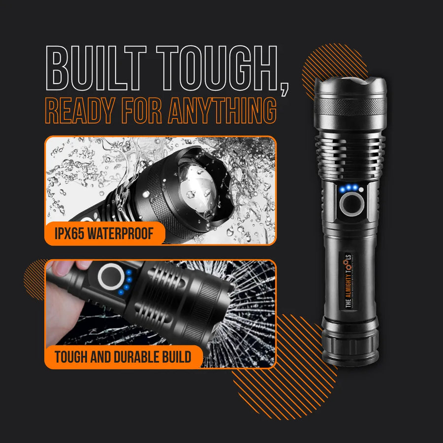 Durable black flashlight, IPX65 waterproof, tough build, shown with water and shattered glass.