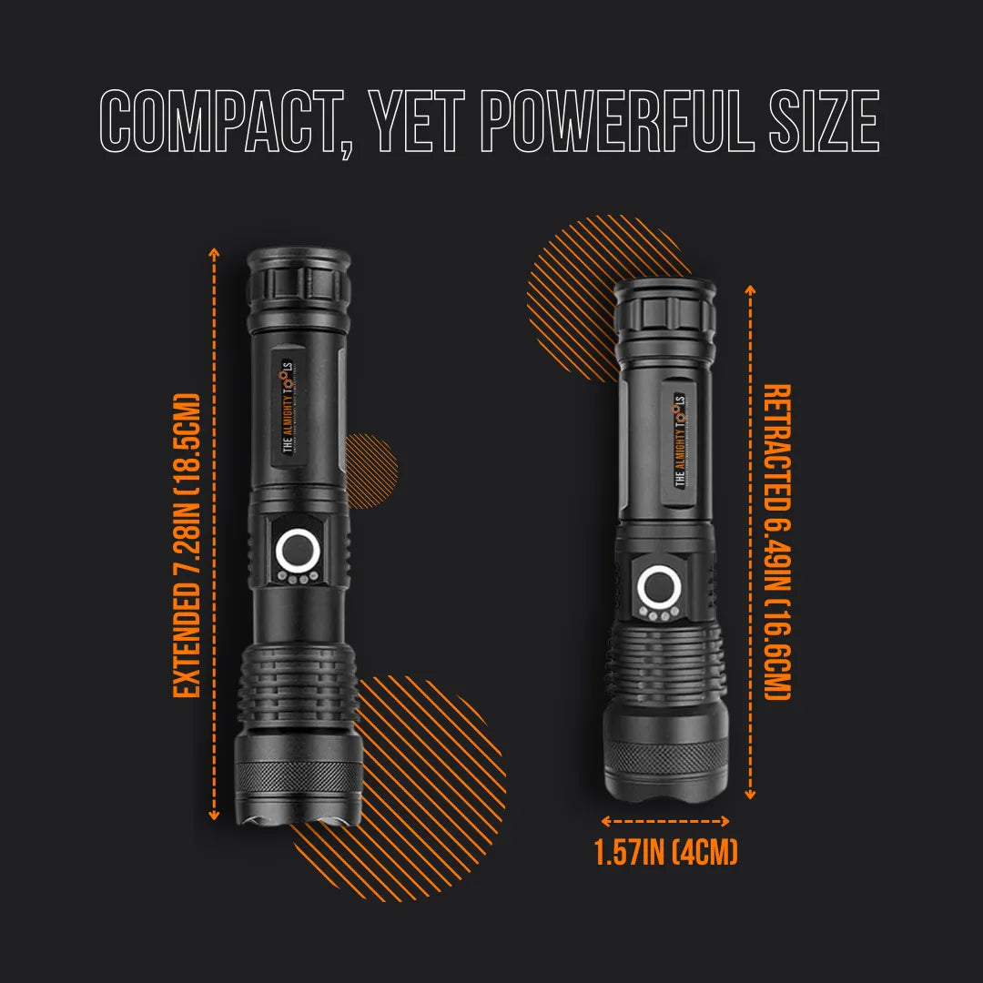 The Almighty Flashlight Ultra black flashlight shown extended and retracted with size dimensions.