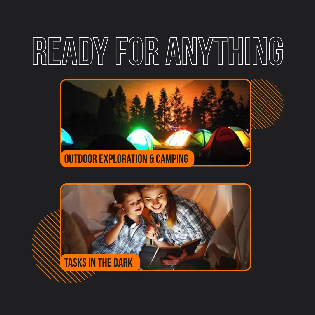 Camping tents glowing at night and two people reading in a tent, ready for anything.