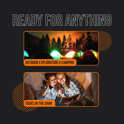 Camping tents glowing at night and two people reading in a tent, ready for anything.