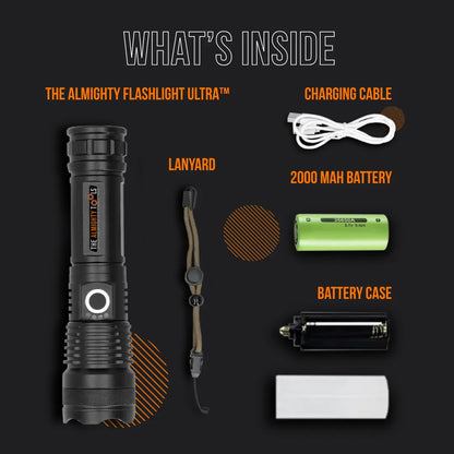 The Almighty Flashlight Ultra kit with flashlight, charging cable, lanyard, 2000mAh battery, battery case