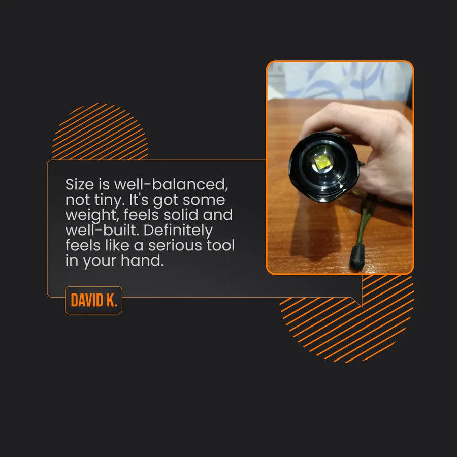 Person holding black tactical flashlight on wooden table with customer review text overlay.