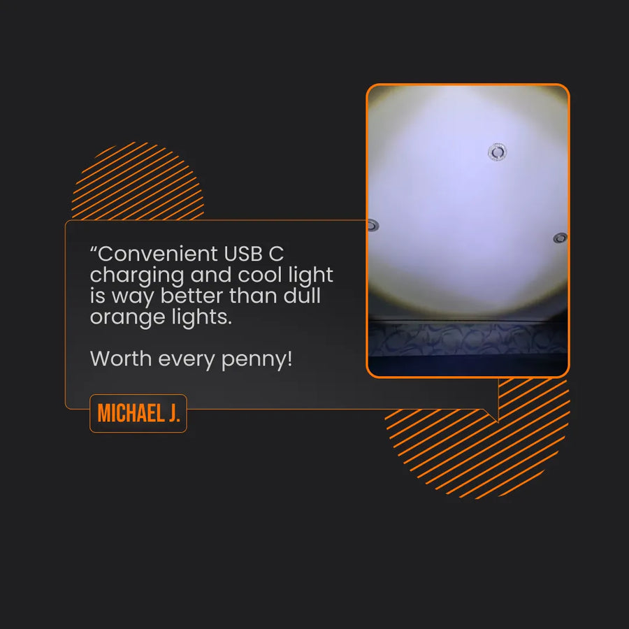 Testimonial for USB-C rechargeable flashlight with bright cool white light illuminating a ceiling.