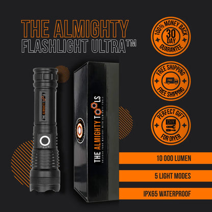 The Almighty Flashlight Ultra with box, 10000 lumen, 5 modes, IPX65 waterproof, promo badges.