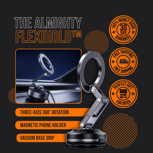 Magnetic phone holder with three-axis 360° rotation and vacuum base grip, FlexiHold