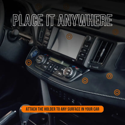 Car dashboard with text promoting flexible phone holder placement options