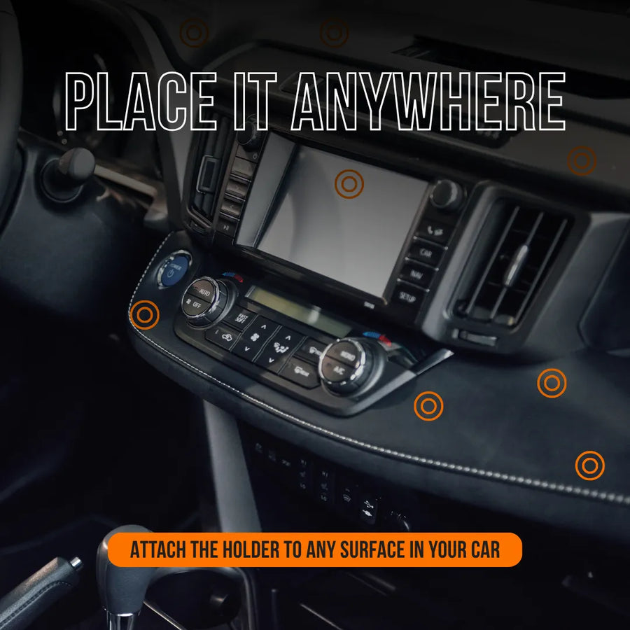 Car dashboard with text promoting flexible phone holder placement options