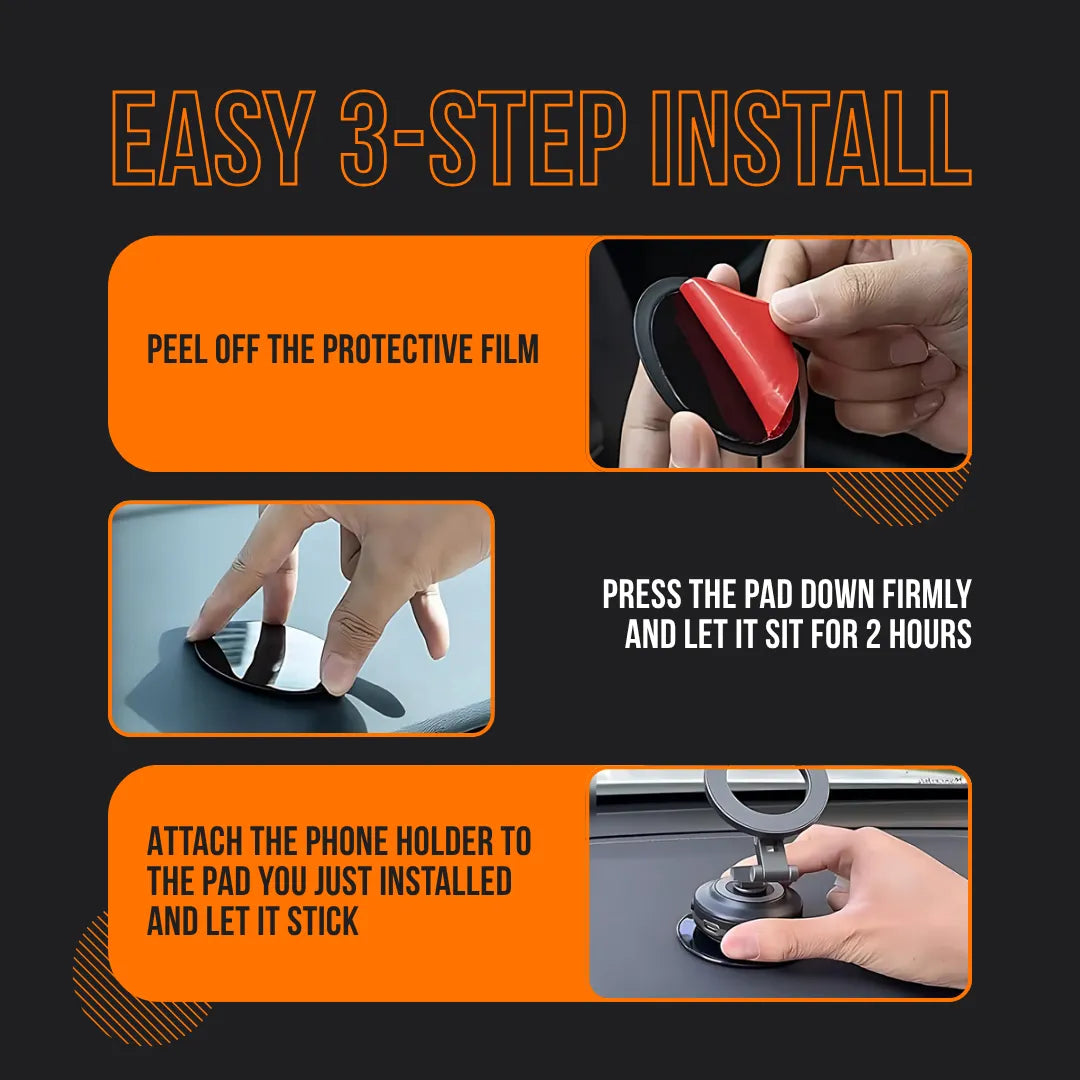 Easy 3-step install guide for FlexiHold phone holder with hands showing setup process.